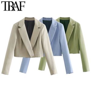 TRAF femmes mode caché boutonnage recadrée Blazer manteau Vintage à manches longues vêtements de dessus pour femmes Chic Veste Femme 211122