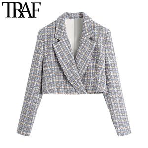 TRAF Dames Mode Verborgen Button Tweed Bebouwde Blazer Jas Vintage Lange Mouw Vrouwelijke Bovenkleding Chic Veste Femme 210415