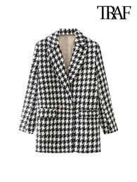 Traf Women Fashion Houndstooth Tweed Blazer Coat Vintage Vintage à manches longues Poches Femme Sorwear Chic Veste Femme 231227