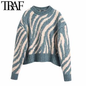 TRAF Mujeres Moda Jacquard Animal Print Loose Crop Knit Sweater Vintage O Neck manga larga Mujer Pullovers Chic Tops 211018