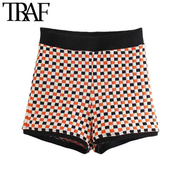 TRAF Femmes Mode Jacquard Check Tricoté Shorts Vintage Haute Taille Élastique Patchwork Femme Pantalon Court Mujer 210611