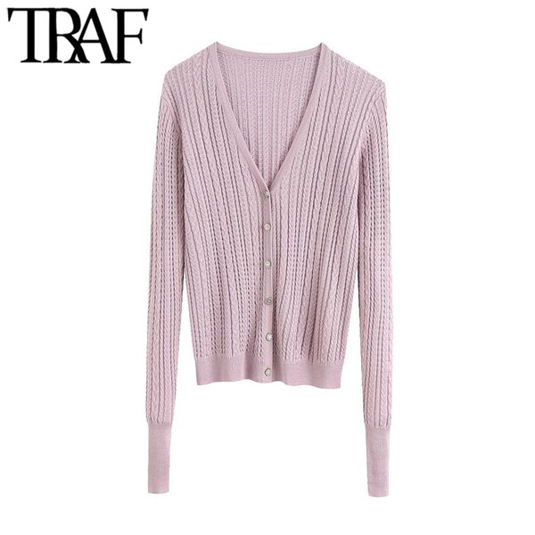 TRAF femmes mode bijoux boutons câble-tricot Cardigan pull Vintage col en V à manches longues vêtements de dessus pour femmes Chic hauts 210415