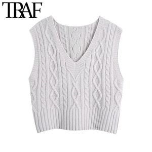 Traf Women Fashion Loose Cable-Breen Vest Sweater Vintage V Neck Mouwloze vrouwelijke vest Chic Tops 210415