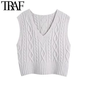 TRAF Femmes Mode Lâche Câble-Tricot Gilet Pull Vintage Col V Sans Manches Femme Gilet Chic Tops 210415