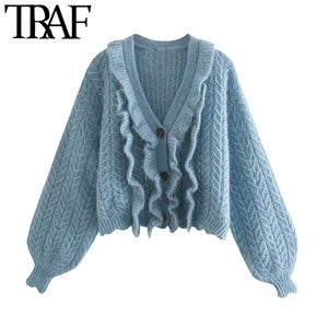 TRAF Women Fashion Losse Ruffled Gebreide Cardigan Sweater Vintage V-hals Lantaarn Mouw Vrouwelijke Bovenkleding Chic Tops 210415