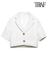 TRAF Vrouwen Mode Metalen Knop Tweed Cropped Witte Blazer Jas Vintage Korte Mouw Zakken Vrouwelijke Bovenkleding Chic Tops
