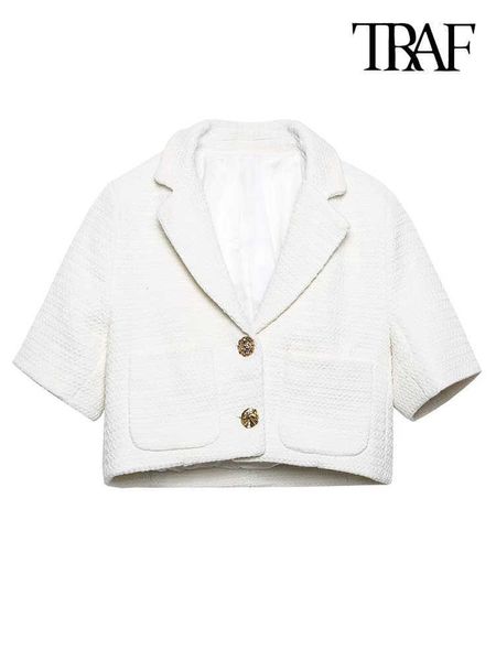 TRAF femmes mode métal bouton Tweed recadrée blanc Blazer manteau Vintage à manches courtes poches vêtements d'extérieur pour femmes Chic hauts