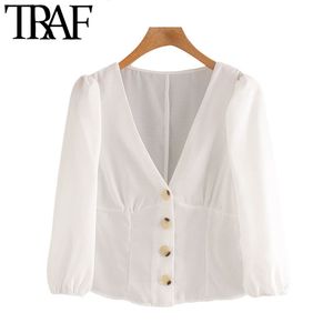 TRAF femmes mode tenue de bureau chemisiers boutonnés Vintage col en V demi manches femmes chemises Blusas Chic hauts 210415