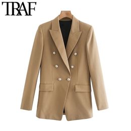 TRAF Women Fashion Office Wear Double Breasted Blazers Jas Vintage Lange Mouw Zakken Vrouwelijke Bovenkleding Chic Tops 211122