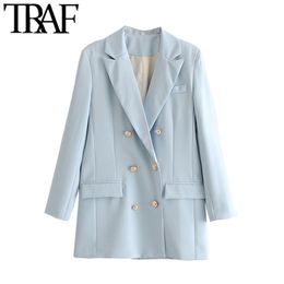 TRAF Femmes Fashion Office Porter un manteau de blazer à double boutonnage Vintage à manches longues Back Vents Femme Vêtements d'extérieur Chic Tops 210930