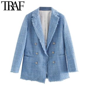 TRAF Femmes Mode Bureau Porter À Double Boutonnage Tweed Blazer Manteau Vintage À Manches Longues Effiloché Femme Survêtement Chic Tops 201023