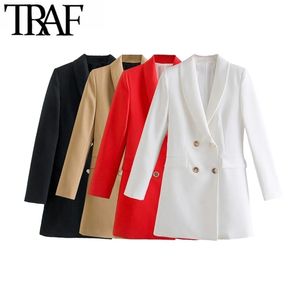 TRAF Femmes Mode Bureau Porter Double Boutonnage Blazer Manteau Vintage À Manches Longues Poches À Rabat Femme Survêtement Chic Veste 211122