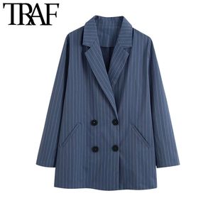 TRAF Dames Mode Kantoor Draag Double Breasted Striped Blazer Jas Vintage Lange Mouw Losse Vrouwelijke Bovenkleding Chic Tops 210415
