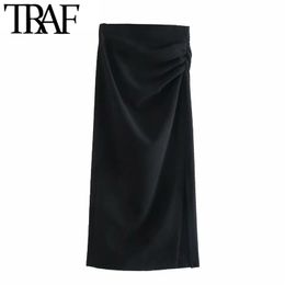 TRAF femmes mode tenue de bureau drapé crayon jupe mi-longue Vintage taille haute côté fermeture éclair fente ourlet femme jupes Mujer 220317
