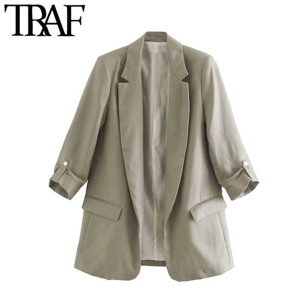 TRAF Femmes Mode Bureau Wear Linge Blazers Manteau Vintage Manches Roulées Poches Vêtements de dessus pour femmes Chic Tops 210415