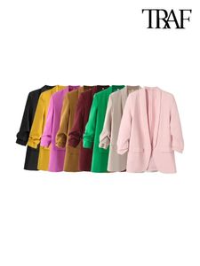 Traf Women Office Fashion Wear Blazer Coat Vintage Vintage Longs Planches plissées Poches Femelles Extérieur Chic Tops 240424