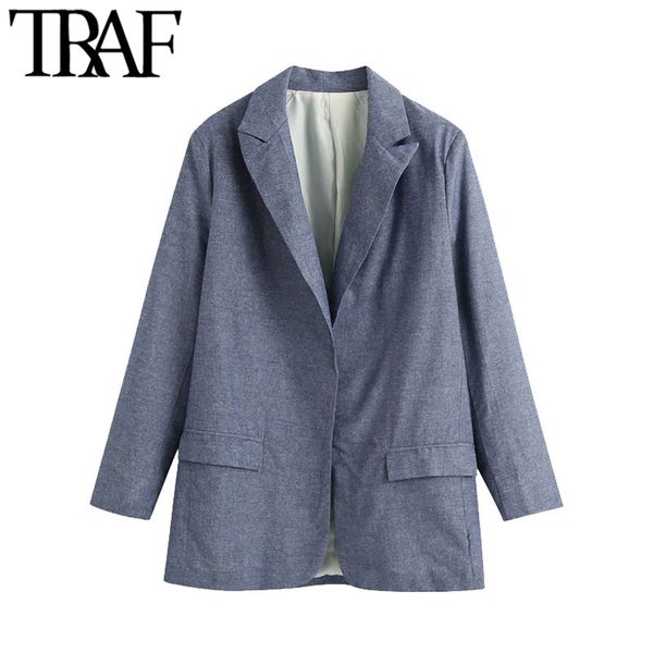 Traf Femmes Mode Bureau Porter Point Ouvert Blazer Manteau Vintage Manches Longues Poches Femelle Survêtement Chic Tops 210415