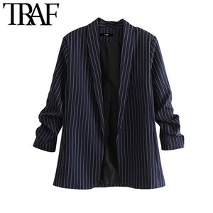 TRAF Women Fashion Office Wear Gestreepte Blazer Jas Vintage Drie Kwart Mouwzakken Vrouwelijke Bovenkleding Chic Tops 210415