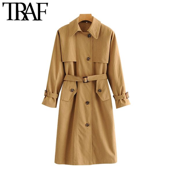 Traf Women Fashion Office Wear With Belt Trench Coat Coat Vintage Poches à manches longues boutonnées Femelles Extérieur Chic Tops 210415