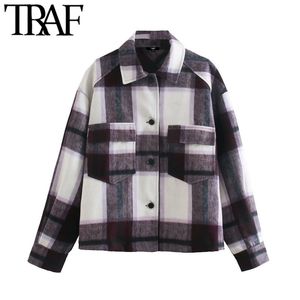 TRAF Women Fashion Oversized Check Wollen Jas Jas Vintage Lange Mouwen Zakken Vrouwelijke Bovenkleding Chic Overhirt 210415