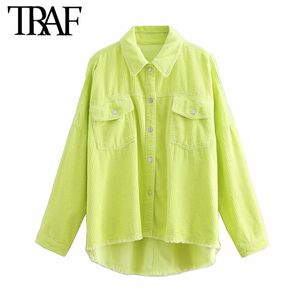 TRAF Dames Mode Oversized Frayed Trims Asymmetry Jacket Jas Vintage Lange Mouwen Zakken Vrouwelijke Bovenkleding Chic Veste Femme 210415
