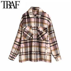 TRAF Femmes Mode Surdimensionné Plaid Veste Manteau Vintage Manches Longues Poches Femelle Survêtement Chic Tops 201112