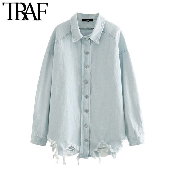 TRAF Mujeres Moda Oversize Ripped Denim Blusas Vintage Solapa Collar Manga larga Camisas femeninas sueltas Blusas Chic Tops 210415