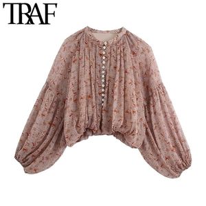 Traf dames mode paisley print bijgesneden blouses vintage lantaarn mouw elastische zoom vrouwelijke shirts chic tops 210326