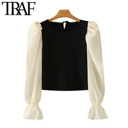 TRAF Femmes Mode Patchwork Cropped Blouses tricotées Vintage Puff Sleeve Back Bow Tie Femme Chemises Chic Tops 210415