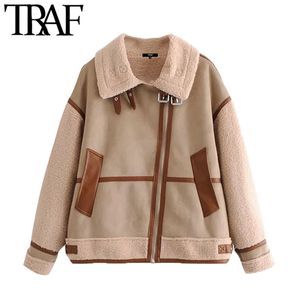TRAF Women Fashion Patchwork Faux Bont Oversized Jacket Jas Vintage Lange Mouwen Zakken Vrouwelijke Bovenkleding Chic Tops 210415