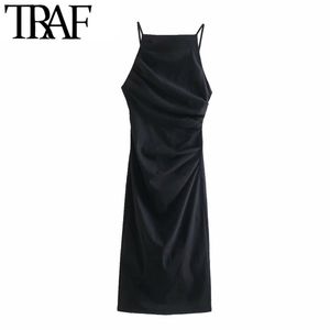 TRAF Mujer moda plisado detalle ajustado Midi vestido Vintage espalda descubierta cremallera fina correas Mujer Vestidos Mujer 220311