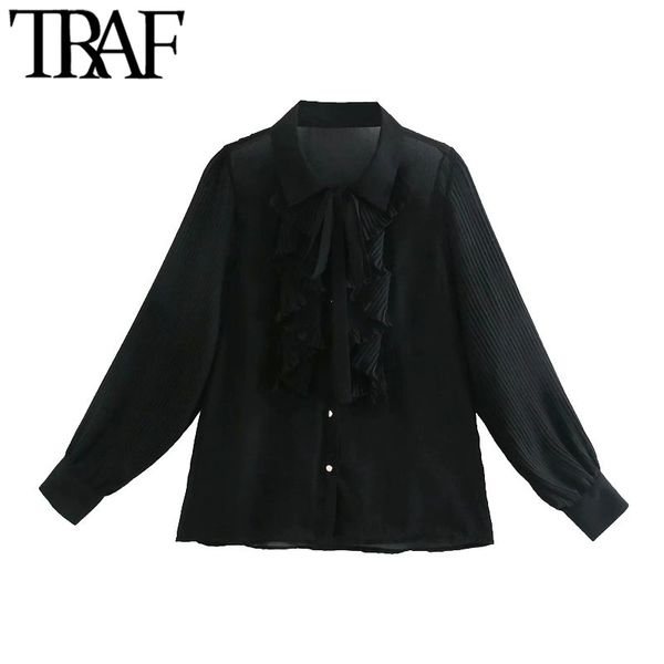 TRAF Femmes Mode Plissée Volants Garnitures Blouses Noires Vintage Manches Longues Bouton-up Chemises Femme Blusas Chic Tops 210415