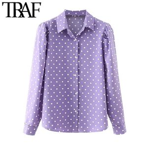 TRAF Women Fashion Polka Dot Print Blouses Vintage Puff Sleeve Button-Up Vrouwelijke shirts Blusas Chic Tops 210415