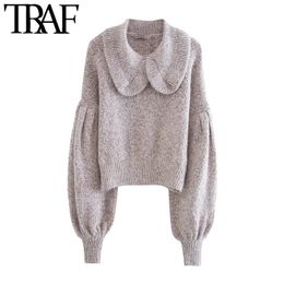 TRAF Women Fashion Ruche Trims Cropped Gebreide Sweater Vintage Peter Pan Collar Lange Mouw Vrouwelijke Pullovers Chic Tops 210415