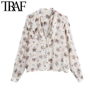 TRAF femmes mode Semi-transparent imprimé fleuri avec volants Blouses Vintage col en V à manches longues femmes chemises Chic hauts 210415