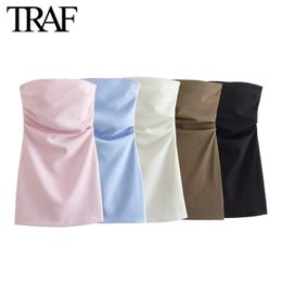 Traf Women Fashion Sexy Back Zipper Color Coules Pleats Bablier Mini Robe Chic Femelle Robes de soirée sans manches Mujer 240408