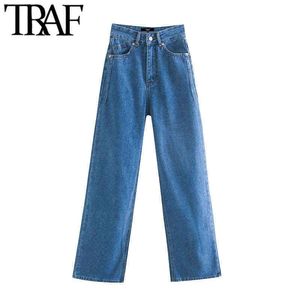 TRAF Femmes Mode Poches latérales Délavé Large Jambe Jeans Vintage Taille Haute Zipper Fly Denim Femme Pantalon Mujer 211129