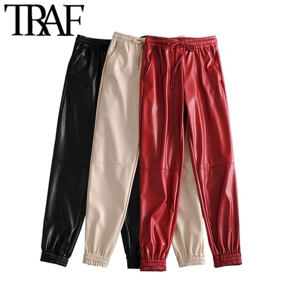 TRAF femmes mode poches latérales Faux cuir Jogging pantalon Vintage haute taille élastique cordon femme cheville pantalon Mujer 211115