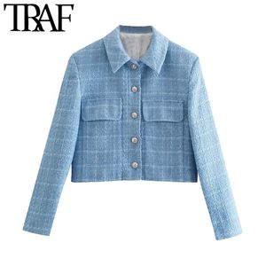 TRAF Dames Mode Enkele Breasted Tweed Bebouwde Blazer Jas Vintage Lange Mouw Zakken Vrouwelijke Bovenkleding Chic Veste 210415