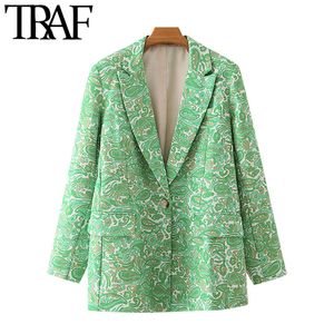 Traf Femmes Mode Bouton Unique Paisley Imprimer Blazer Manteau Vintage Manches Longues Poches Femelle Survêtement Chic Tops 210415
