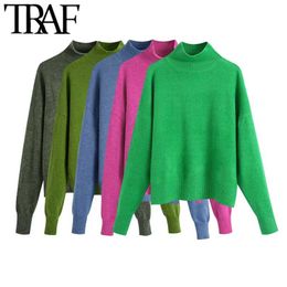 TRAF Women Fashion Soft Touch Losse Gebreide Sweater Vintage Hoge Hals Lange Mouw Vrouwelijke Pullovers Chic Tops 211018