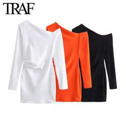 TRAF Women Fashion Spring Long-Sleeved Fold Wit Asymmetric Dress French Chic Female Sexi Mini Evening Clothing 240424