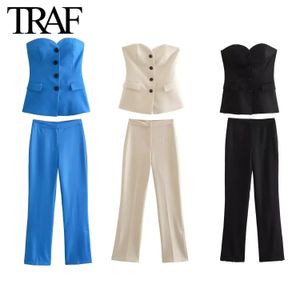 Traf Women Fashion Spring Summer 2pc Flip Pocket Single Breasted Vest Sexy Strapless Top Bra High Taille Pants Twopeage Set 240407