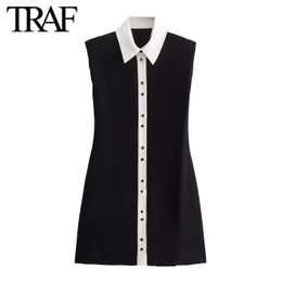 Traf Women Fashion Summer Contrast Apel A Line Mini Shirt Robe Chic Femelle Vintage Braveau Soirée sans manches Vêtements Mujer 240420