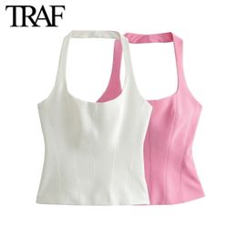 Traf Women Fashion Summer Blanc Halter Backless O-Neck confortable Sling Crop Top chic Femme Streetwear Streetwear Vest Mujer 240422