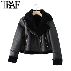 TRAF Women Fashion Dikke Warm Winter Bont Faux Lederen Cropped Jacket Jas Vintage Lange Mouw Vrouwelijke Bovenkleding Chic Tops 211014