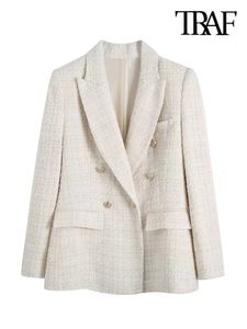 TRAF femmes mode Tweed Double boutonnage Blazer manteau Vintage à manches longues rabat poches vêtements de dessus pour femmes Chic Veste Femme 240229