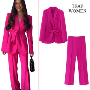 TRAF femmes mode avec ceinture décoration costume veste bureau élégant Blazer 2225483 femme taille haute pantalon ensemble 2216483 240328