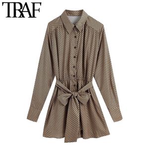 Traf Women Fashion met riem geometrische print mini-jurk vintage lange mouw button-up vrouwelijke jurken Vestidos mujer 210415