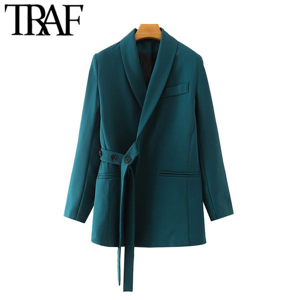 TRAF mujer moda con cinturón Irregular Blazer abrigo Vintage manga larga Welt bolsillos mujer prendas de vestir exteriores Chic Veste Femme 220216